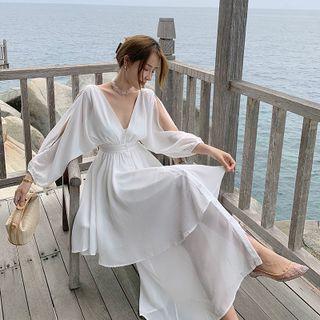 Balloon-sleeve Open-back Maxi A-line Dress