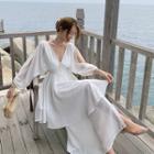 Balloon-sleeve Open-back Maxi A-line Dress