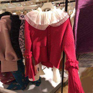 Set: Lace Panel Long-sleeve Top + Ruffle Trim Cardigan