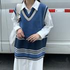 Striped Knit Vest / Long-sleeve Midi Shirt Dress