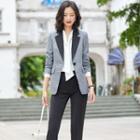V-neck Blouse / Plaid Blazer / Dress Pants / Set