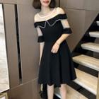 Cold Shoulder Mesh Panel Elbow-sleeve A-line Dress