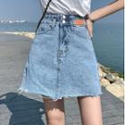 Frayed Washed Mini A-line Denim Skirt