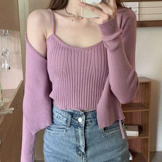 Set: Cropped Ribbed Knit Camisole Top + Lace Up Cardigan