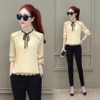 Long-sleeved Stand Collar Shirred Plain Bow Top