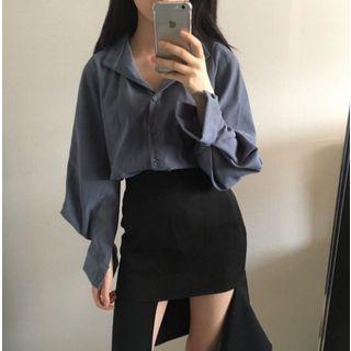 Puff-sleeve Shirt / Asymmetric Hem Pencil Skirt