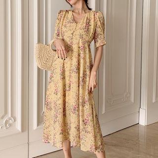 Floral Print V-neck Chiffon Midi Dress Floral - One Size