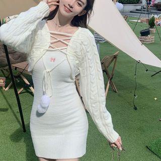 Lace-up Cropped Cardigan / Spaghetti Strap Mini Sheath Dress