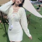 Lace-up Cropped Cardigan / Spaghetti Strap Mini Sheath Dress