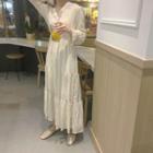 Long-sleeve A-line Maxi Chiffon Dress Off-white - One Size