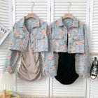 Set: Sleeveless Ruched Mini Dress + Rose-print Denim Jacket