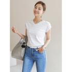 Cap-sleeve V-neck Stripe T-shirt