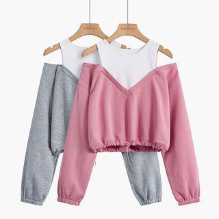 Mock Two-piece Cold-shoulder Cropped Sweatshirt