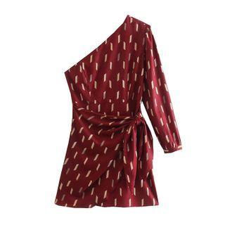 Long-sleeve One-shoulder Patterned Mini Sheath Dress