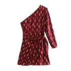 Long-sleeve One-shoulder Patterned Mini Sheath Dress