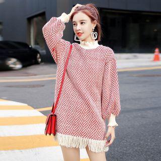 Mock Neck Herringbone Fringed Mini Sweater Dress