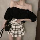 Plaid Pleated Mini A-line Skirt / Off-shoulder Elbow-sleeve Chiffon Blouse Blouse - Black - M