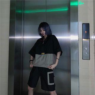 Set: Elbow-sleeve Color Block Zip Placket Overhead Windbreaker + Cargo Shorts