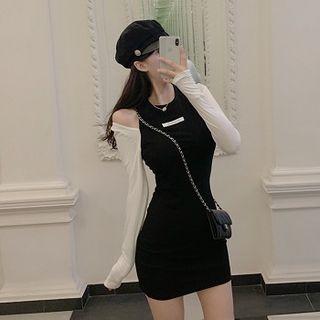 Cut Out Long-sleeve Sheath Dress Black & White - One Size
