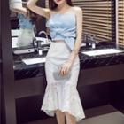 Set: Strapless Tie-front Top + Ruffle Midi Skirt