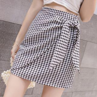 Gingham Wrap Mini Pencil Skirt