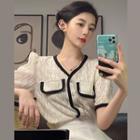 Split-neck Puff-sleeve Lace Top