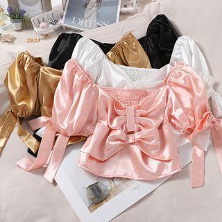 Ribbon Puff-sleeve Cropped Blouse