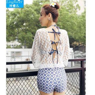 Set: Printed Bikini + 3/4 Sleeve Crochet Top