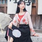Set: Floral Chiffon Long-sleeve Hanfu Top + Plain Tie-waist Skirt