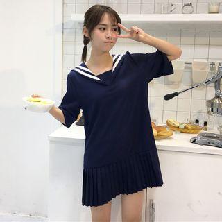 Elbow-sleeve Collared Pleated Mini Dress