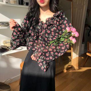 Long Sleeve Floral Printed Chiffon Top