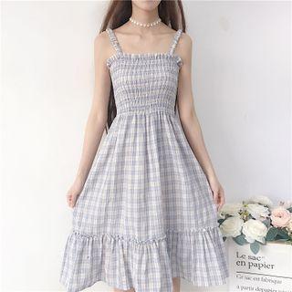 Spaghetti Strap Plaid A-line Dress / Light Jacket