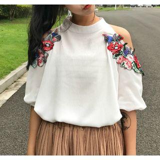Floral Embroidered Cold Shoulder Elbow-sleeve Top / Plain Halter Top