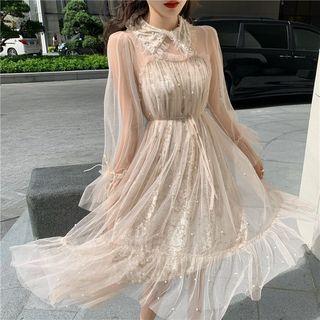Long-sleeve Faux Pearl Panel Midi A-line Mesh Dress