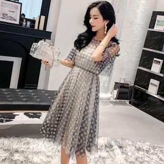 Set: Short-sleeve Plaid A-line Dress + Slipdress