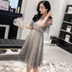 Set: Short-sleeve Plaid A-line Dress + Slipdress