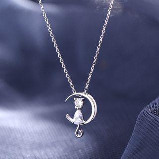 Cat Moon Rhinestone Pendant Sterling Silver Necklace Silver - One Size