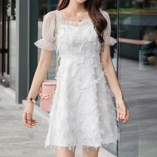 Short-sleeve Feathered A-line Mini Dress