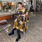Bell-sleeve Patchwork Pleat Dress