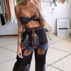 Set: Patterned Cropped Camisole Top + Butterfly Print Wide Leg Pants
