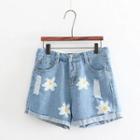 Distressed Floral Denim Shorts