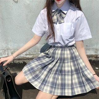 Plaid Pleated Skirt / Short-sleeve Shirt / Bow Tie