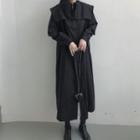 Long-sleeve Lace Trim Wide Collar Midi Dress Black - One Size