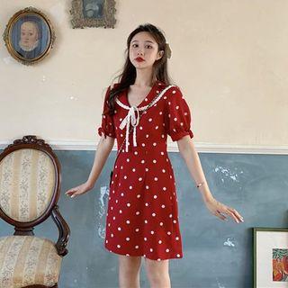 Dot Puff-sleeve Slim-fit Dress