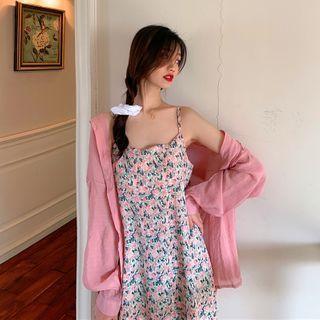 Floral Spaghetti Strap Midi A-line Dress / Plain Long-sleeve Shirt