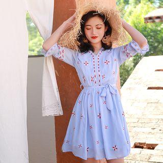 Bell-sleeve Embroidered Mini Chiffon Dress
