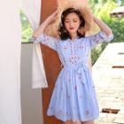 Bell-sleeve Embroidered Mini Chiffon Dress