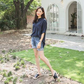 Lettering Distressed Washed Denim Shorts