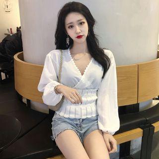 Puff-sleeve Cutout V-neck Top