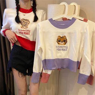 Animal Embroidered Color Block Cropped Knit Top